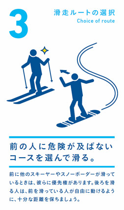 滑走ルートの選択 前の人に危険が及ばないコースを選んで滑る。